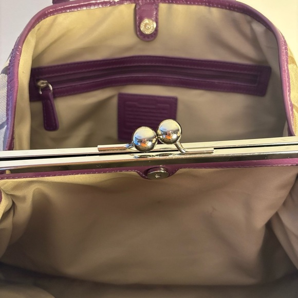 Coach Brown Canvas Tote Shoulder Bag w/ Purple Strip & Handles - Picture 5 of 11